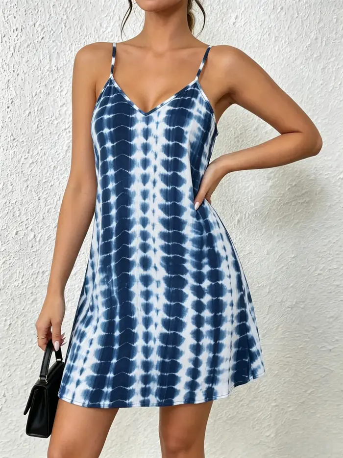 Robe courte bohème bleue tie-dye à bretelles spaghetti