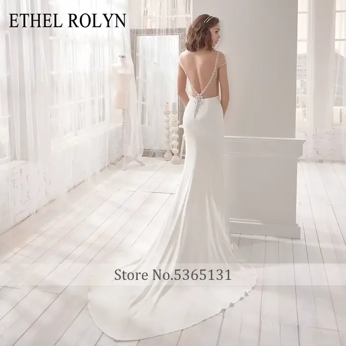 ETHEL ROLYN robe De mariée sirène élégante dos nu Satin perlé cristal col en v manches courtes robes