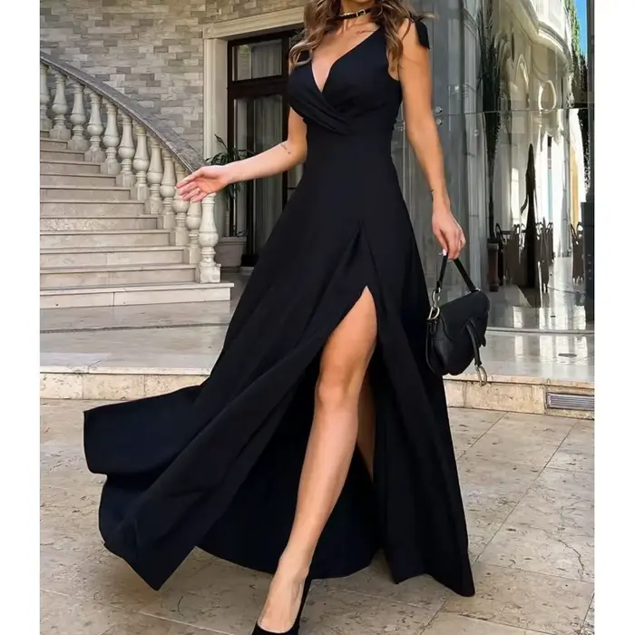 Robe longue noire élégante à col en V pour femmes
