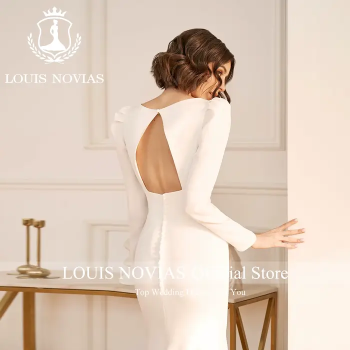 Robe de mariée sirène en satin sexy, manches longues, col en V, dos nu, bouton, gaine drapée, pour femmes occasions spéciales mariage soirée晚会及特别场合女士性感缎面鱼尾裙长袖V领露背纽扣剪裁高腰