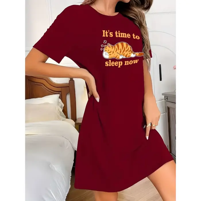 Robe à col rond avec imprimé chaton mignon