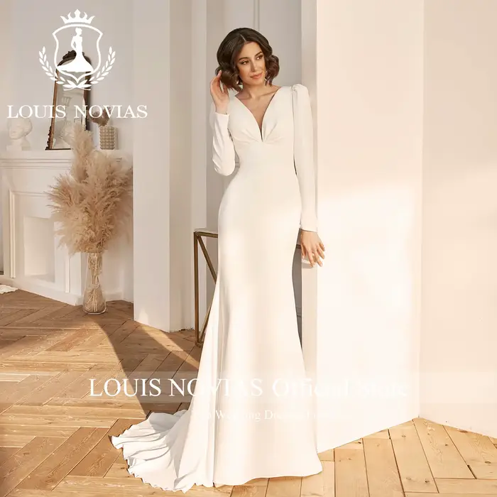 Robe de mariée sirène en satin sexy, manches longues, col en V, dos nu, bouton, gaine drapée, pour femmes occasions spéciales mariage soirée晚会及特别场合女士性感缎面鱼尾裙长袖V领露背纽扣剪裁高腰