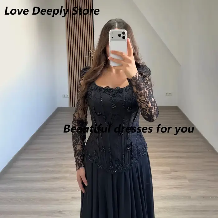 Robe de soirée noire longue en polyester avec dentelle perles et plissé pour mariage et événement spécial personnalisé