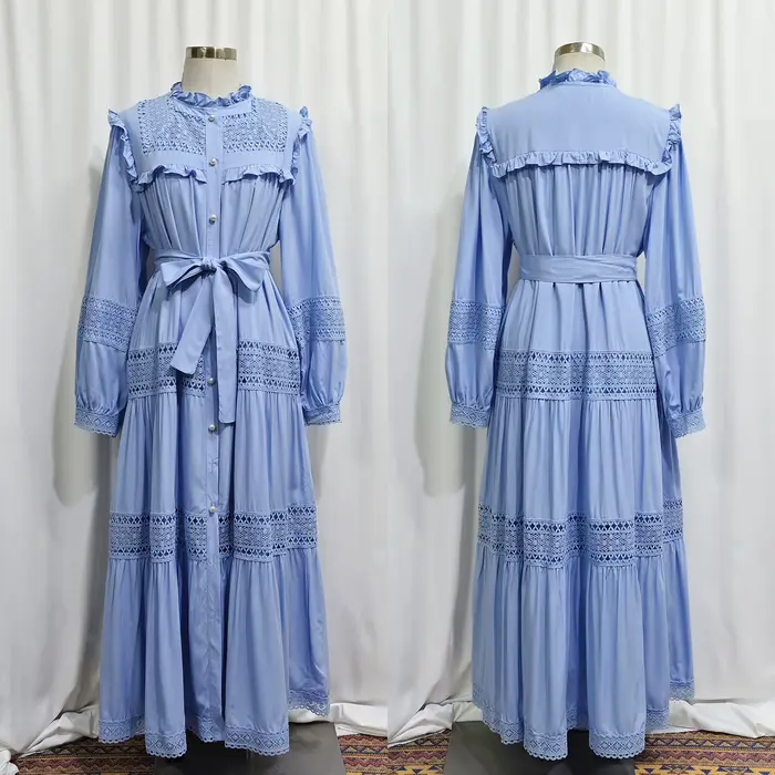 Robe en dentelle pour femme, Abaya musulmane, Jalabiya, Caftan, Robe longue, à simple boutonnage et 