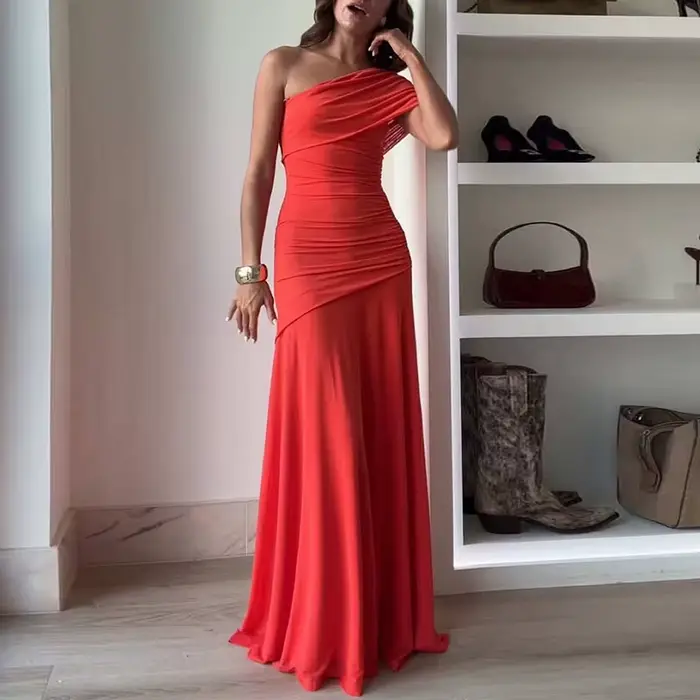 Robe longue asymétrique décontractée, col incliné, taille haute, plissée, élégante, asymétrique, épa
