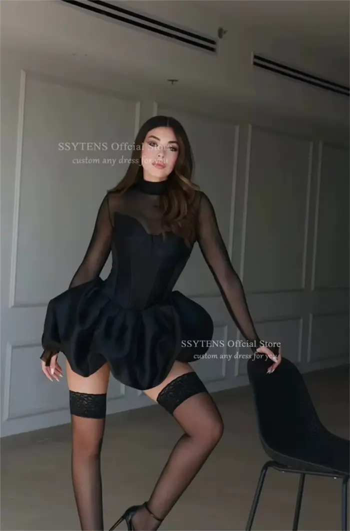SSYTENS Sexy Illusion robes De bal pure manches longues noir Satin voir à travers la Mini robe femmes fête