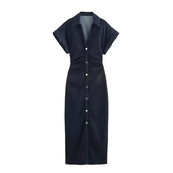 Robe en jean pour femmes, tenue longue décontractée, froncée, manches courtes, Streetwear, mi-longue