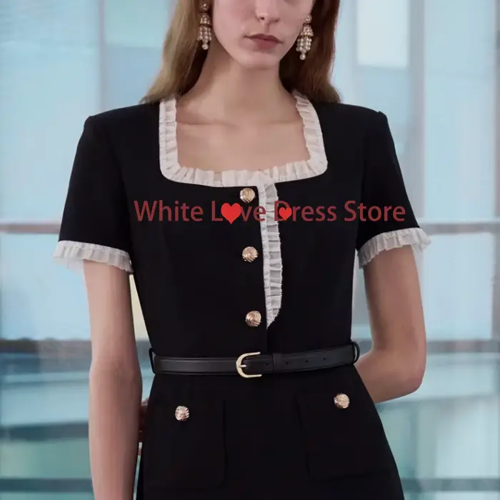 Robe de soirée noire pour occasions formelles, col carré, manches courtes, avec robes de bal ajustables, robe mi-longue personnalisée