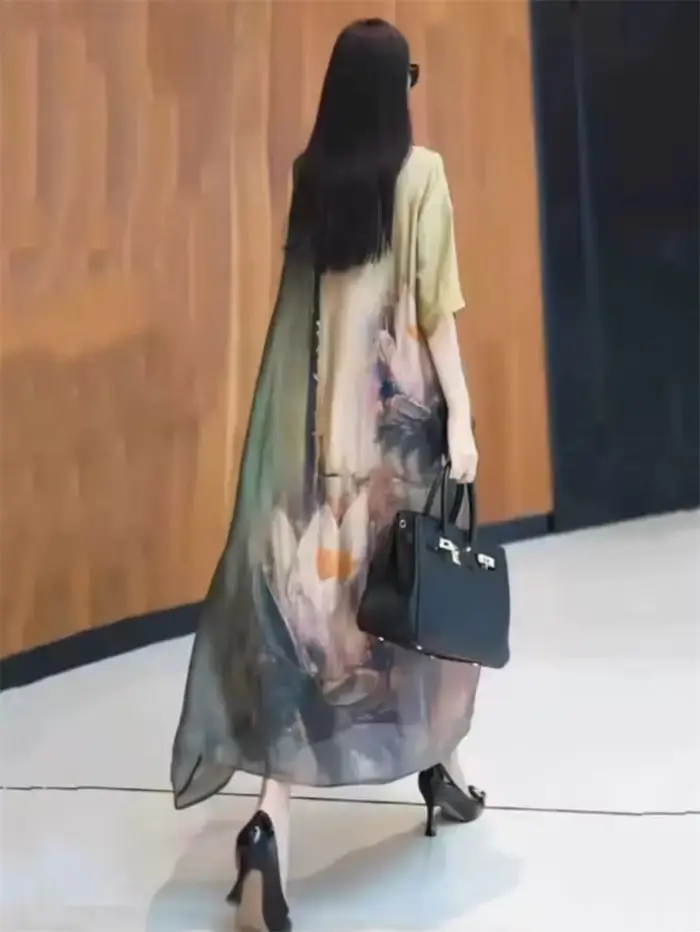 Robe longue amincissante d'été haut de gamme, tendance, style rétro, jupe large avec imprimé floral, coupe ample et amincissante