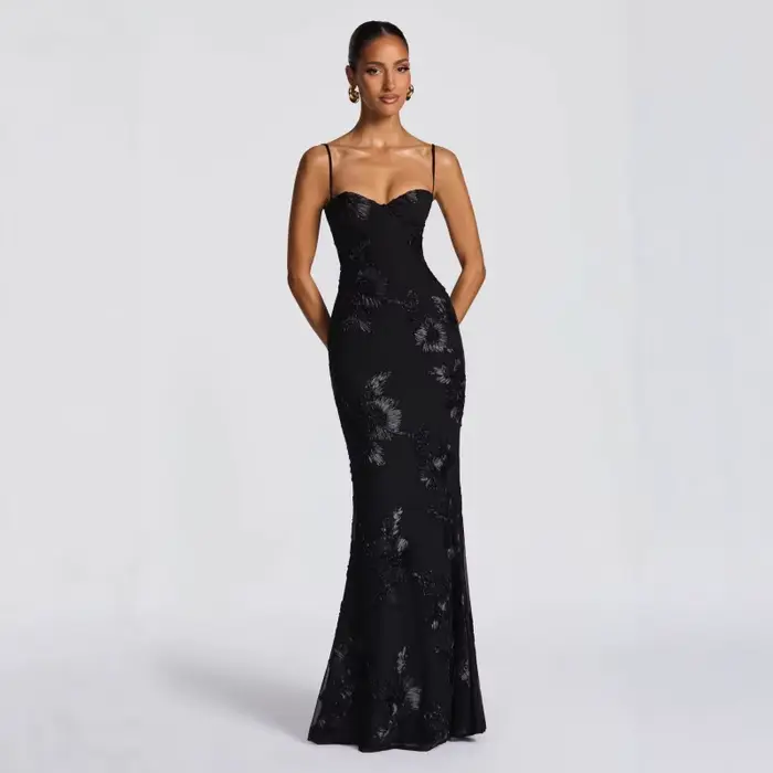 Robe de soirée ornée de fleurs pour femme junior élégante sans manches col en V polyester ajustée occassions spéciales printemps été