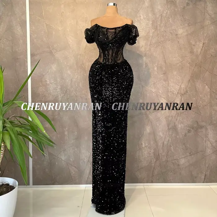Robes de soirée formelles noires longues de luxe 2025 femmes paillettes sirène robe