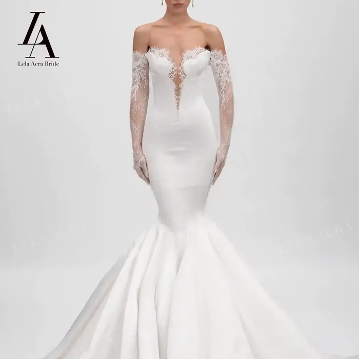 Robe de mariée sirène Lela Acra avec décolleté MON AMOUR, train de la cour, polyester satiné, sans dossier, pour femmes de tous âges, occasions spéciales de mariage