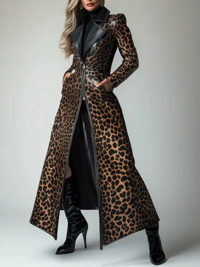 Trench-coat en cuir PU avec poche zippée et motif léopard