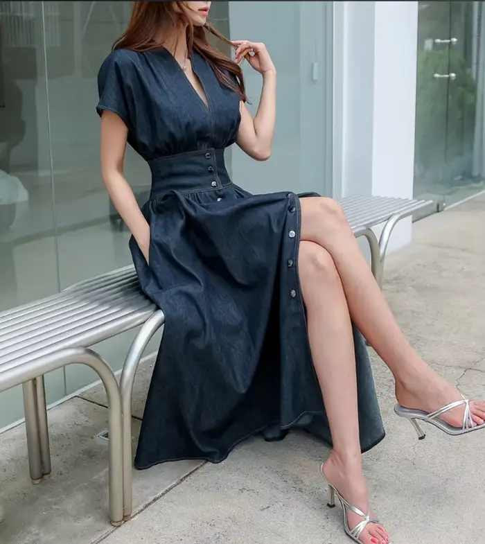 Mode jean robe col en v à manches courtes femmes 2025 été décontracté ample femme dames sans