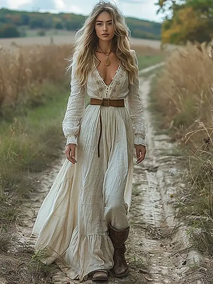 Robe bohème Vintage en lin pour femmes, Sexy, décolleté en v profond, taille élastique, Maxi, Style