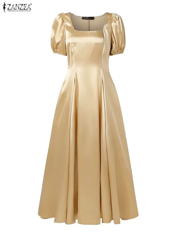 ZANZEA femmes Satin invité de mariage robes longues élégant Chic col carré manches courtes bouffantes taille ajustée robe trapèze S-3XL