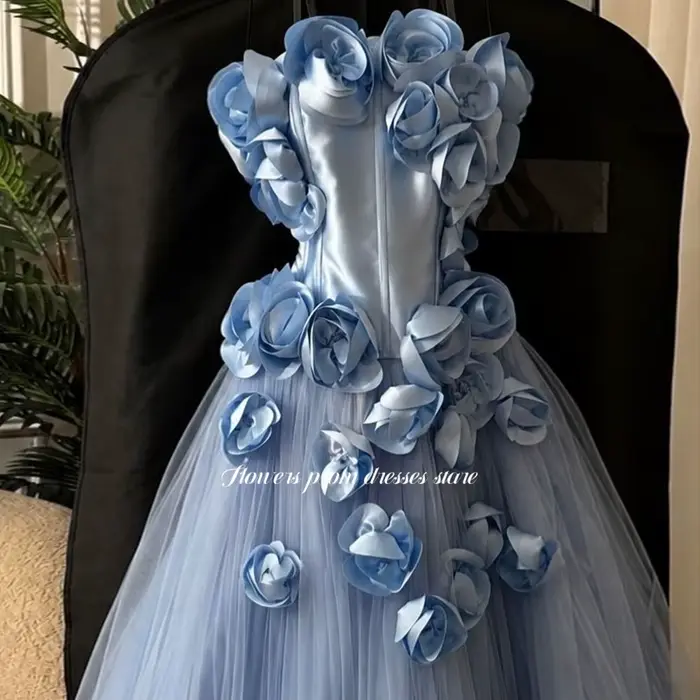 Robe de soirée bleue à fleurs 3D élégante pour bal soirée gala personnalisation robes de fête trapèze sans bretelles