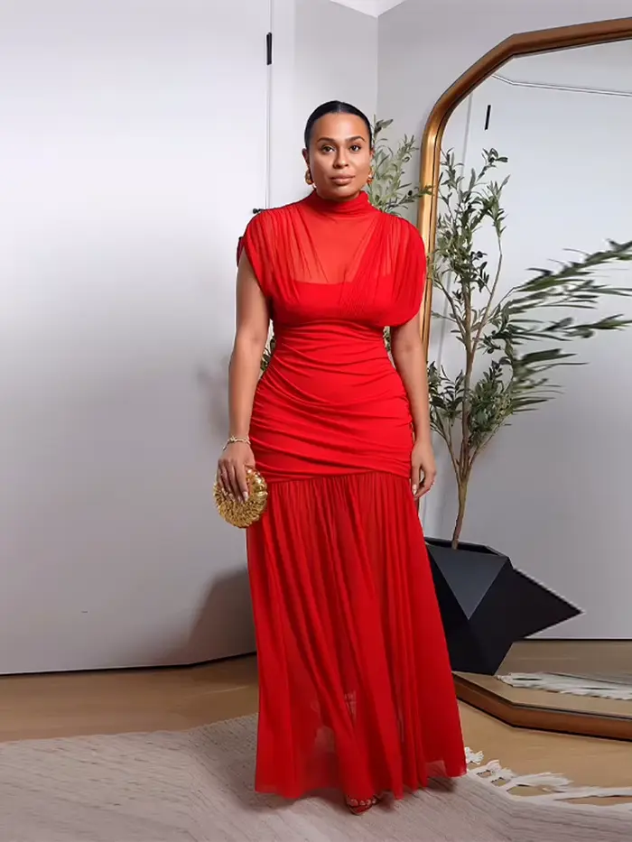 Robe Chic en Gros 2025 – Robe d'Été Élégante à Col Montant, Sans Manches, Plissée, en Maille, Effet 