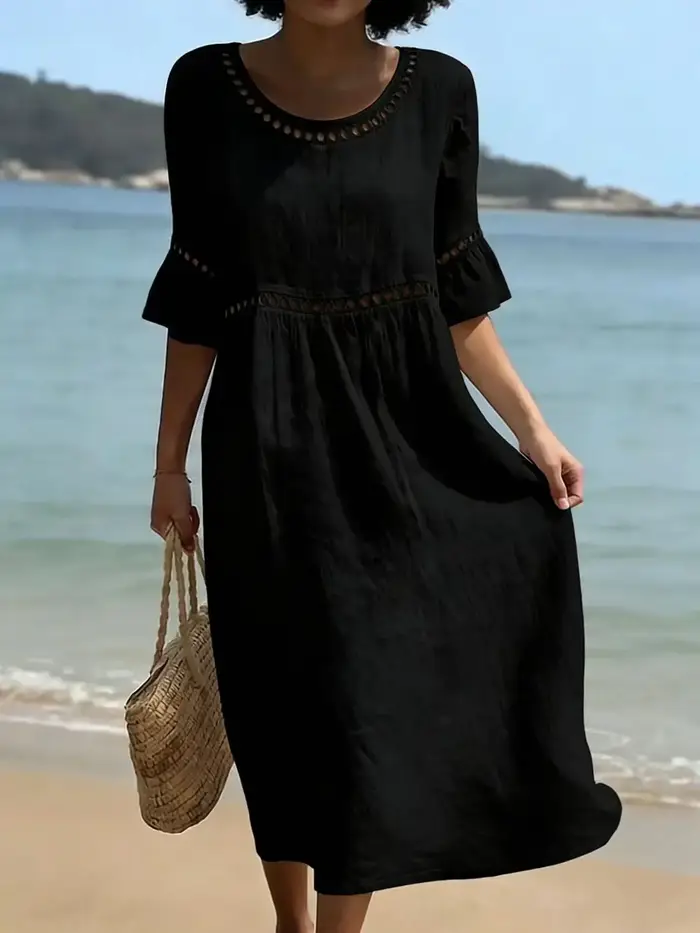 Robe en lin brodée à la française, robe midi ample à manches courtes à volants pour les vacances à l