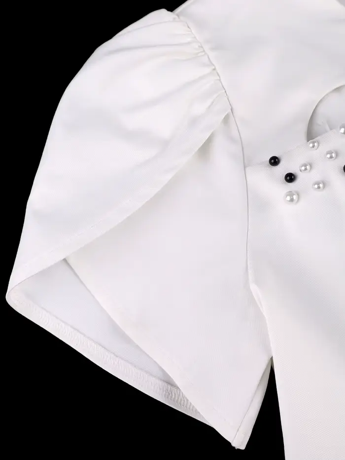 Robe midi blanche pour femmes coupe trapèze col rond perles manches courtes à pétales mode estivale soirée mariage anniversaire