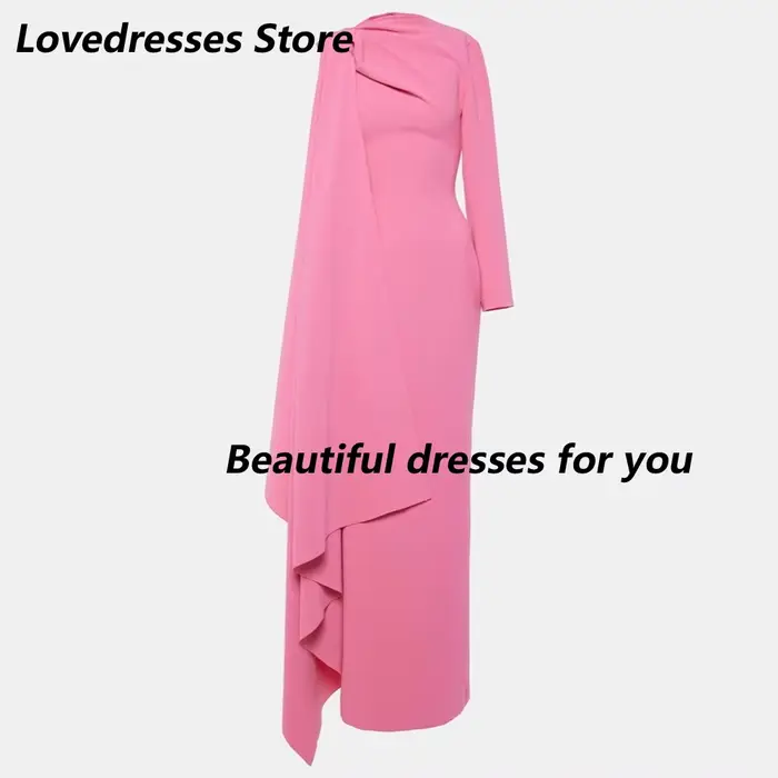 Robe de Soirée Élégante Rose Col Rond Manches Longues Plissée Jersey Cheville Coupe Droite Fente Arrière Occasions Spéciales