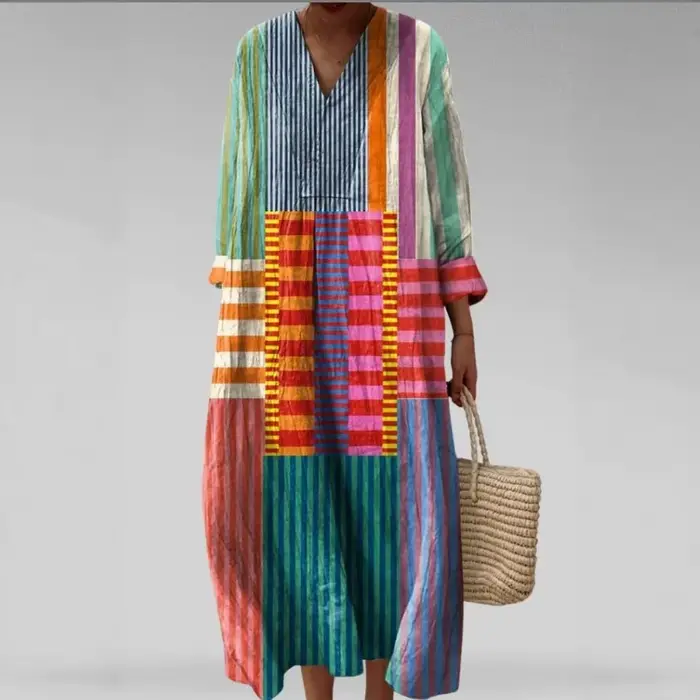 Robe ample de plage col en V imprimée color block pour femme - Style vacances tendance printemps été 2026 - Occasions spéciales et quotidienne