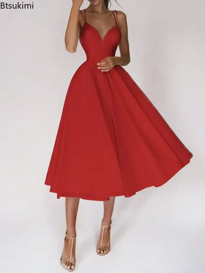 Robe de soirée élégante pour femmes, camisole sans manches, polyester, mi-mollet, col en V, pour mariages, soirées et occasions spéciales