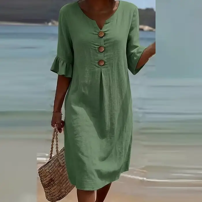 Robe vintage femme col en V manches courtes design à volants boutonnée plage vacances décontractée unie ample pour fêtes