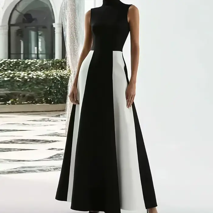 Robe de soirée élégante noire avec col haut blanc sans manches pour femmes occasions formelles soirée officielle mariage gala de remise de diplômes événements de charité