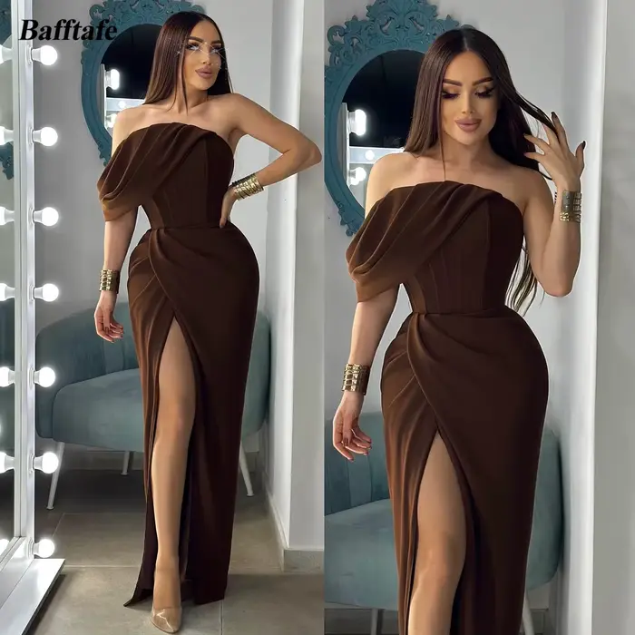 Robe de bal Bafftafe marron crêpe sirène sans manches avec soutien-gorge intégré pour bal, soirée spéciale, demoiselle d'honneur et occasions festives