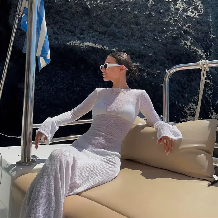 Mode femmes robe enveloppée à manches longues col rond voir à travers la crème solaire couleur unie