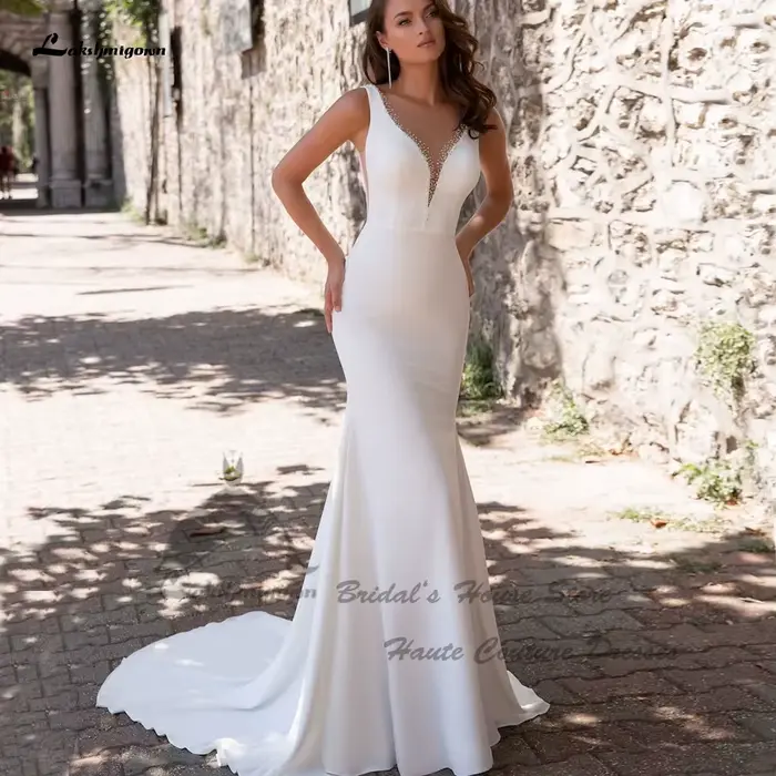 Lashmigown-Robe de Mariée Sirène Élégante à Perles, en Crêpe, pour Patients, Style Boho, sur la Plag