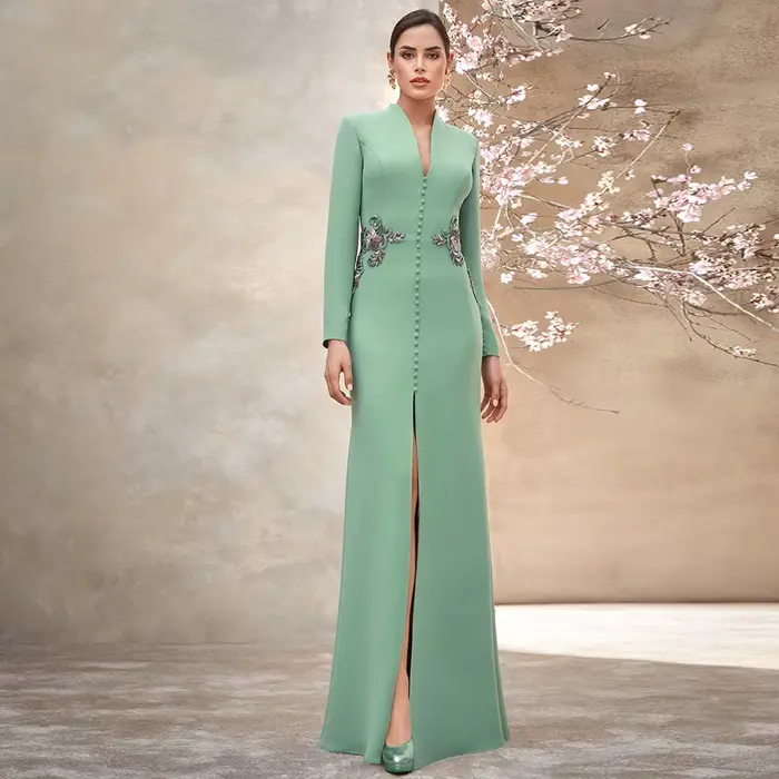 Robe de soirée sirène personnalisée couleur menthe col en V manches longues avec appliques pour mère de la mariée ou du marié occasions spéciales
