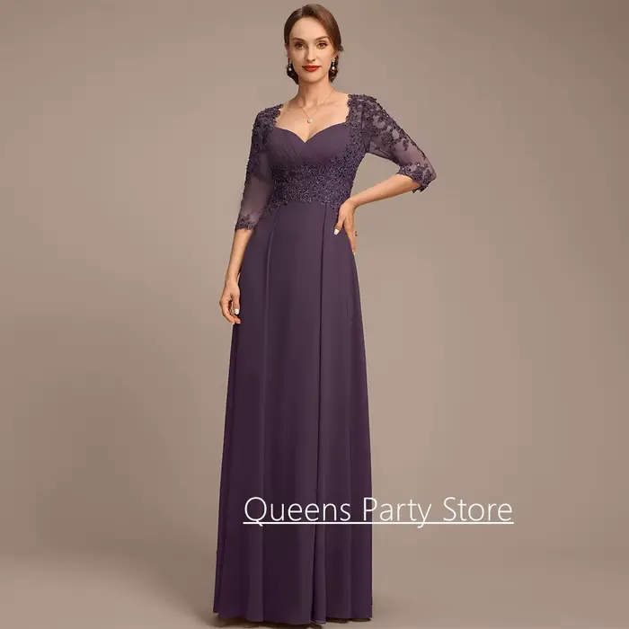 Robe élégante personnalisée de mère de la mariée en mousseline de soie avec col en V et manches 3/4 pour cérémonies de mariage et soirées spéciales