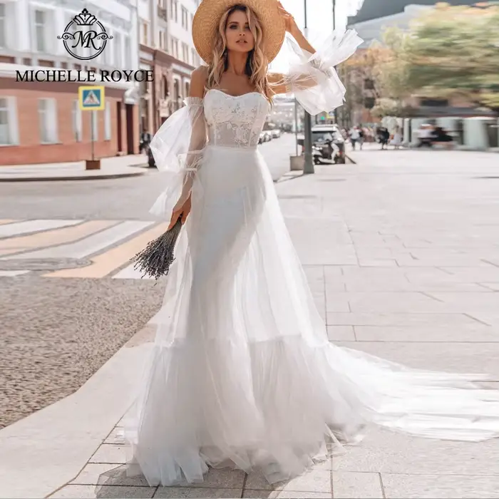 Michelle Royce-Robe de Mariée Trapèze Sexy avec Manches Amovibles, lèvent, Traîne Chapelle