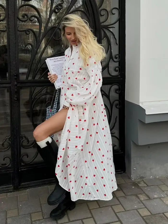 Robe Jacquard à manches longues 100% coton imprimé cœur pour femmes style vintage trapèze été plage ins