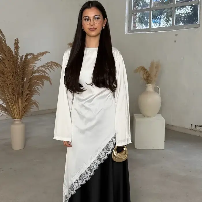 Chemisier à ourlet en dentelle tombant respirant manches longues style robe irrégulière confortable pour femme de bureau occasions spéciales