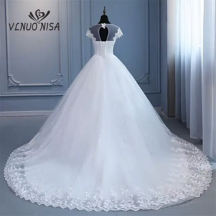 VLNUO NCrawPluse-Robe de mariée à col rond avec manches