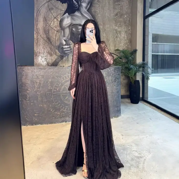 Robe élégante en dentelle polyester longue cheville avec manches lanternes pour femmes occasions formelles romantiques bureau
