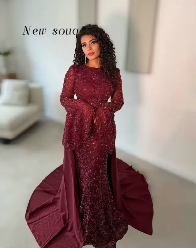 Robes de soirée sirène à manches longues évasées couleur menthe bordeaux, broderie personnalisée, ro