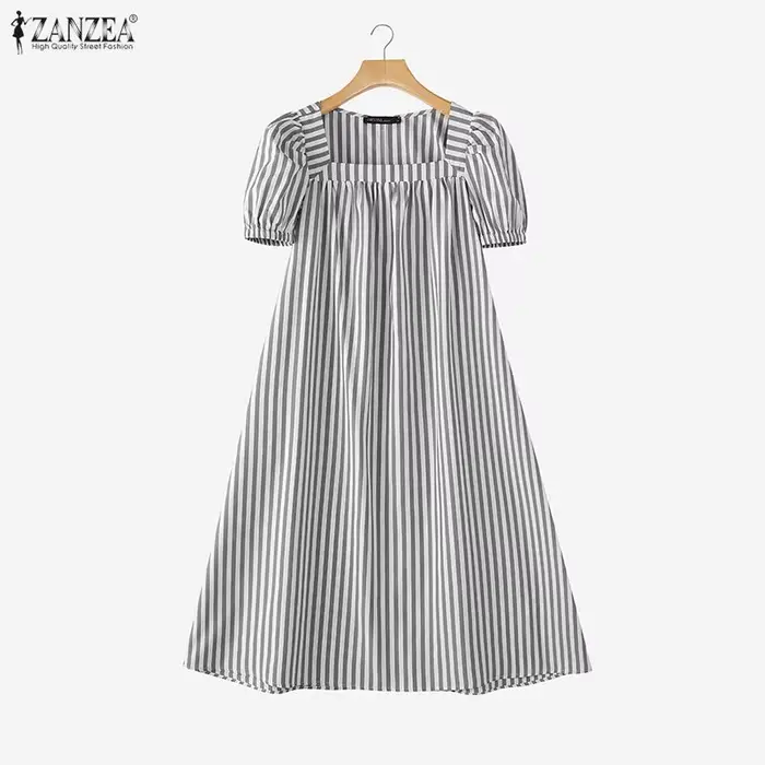 ZANZEA Robe d'été élégante à rayures pour femme 2026, col carré, manches courtes, longueur midi, déc