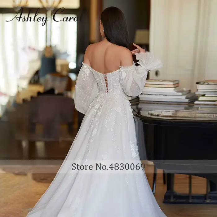 Robe de Mariée Bohème en Dentelle avec Perles et Manches Bouffantes pour Femmes Occasions Spéciales Mariages Proms Soirées de Célébrités