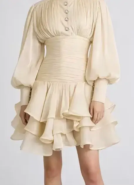 Robe Courte Élégante d'Inspiration Victorienne pour Femme, Manches Bouffantes, Froncée, à Volants, Style Romantique Cottagecore, Robes de Soirée Tendance Chic 2026