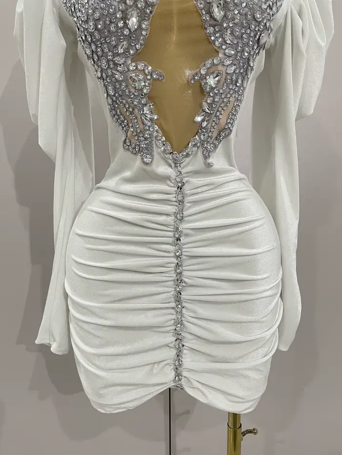 Robe courte de luxe en velours blanc pour femmes, cristaux scintillants, maille Sexy, élégante, robe