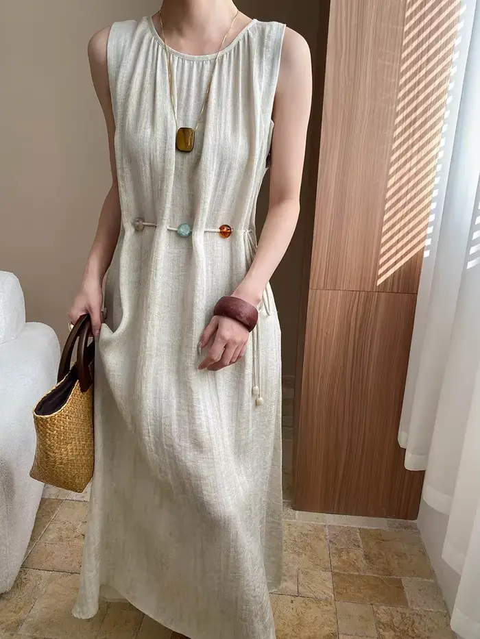 Robe ample décontractée sans manches en soie avec broderies et appliques pour femmes, printemps et été