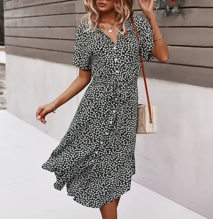 Robe mi-longue décontractée pour femmes, Style vacances, grande Pose, ceinture imprimée, boutons à l