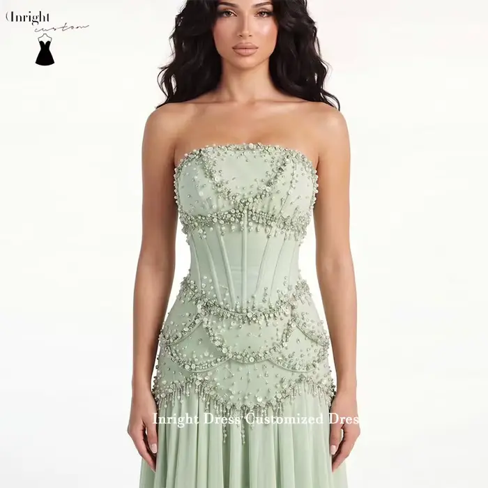 Robes de bal personnalisées Inright à manches longues, sans bretelles, longueur ras du sol, plissées, avec perles, robes de soirée, robes de fête formelles