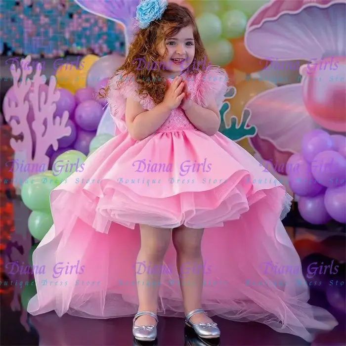 Belle robe bleue à fleurs pour filles, perles perlées, haut de charbon avec jupe bouffante, robes de fête pour tout-petits, grand nœud, haut-bas, longue boule de train