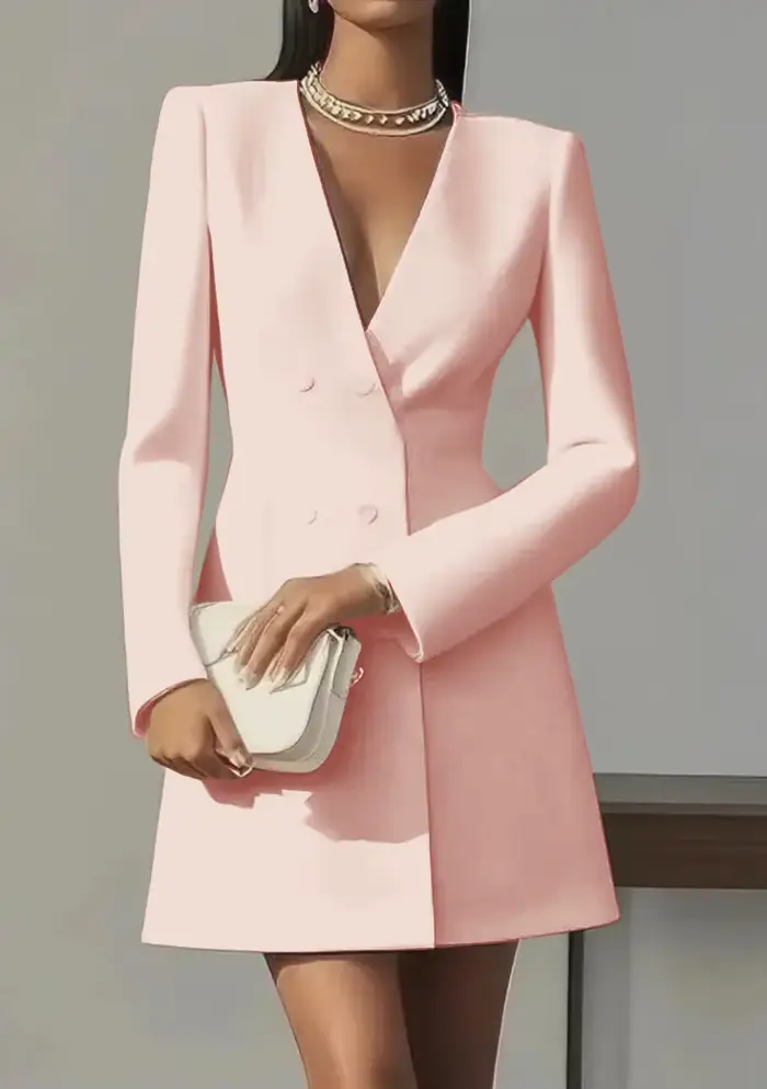 Robe Blazer Élégante à Col en V et Double Boutonnage à Manches Longues pour Femme – Idéale pour le Bureau