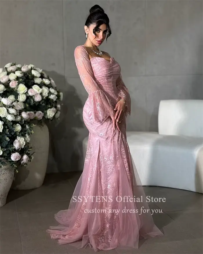 SSYTENS saoudien luxe rose robes de soirée sirène pleine dentelle robes de bal de mariage Formais Elegantes dubaï robe de soirée personnalisée